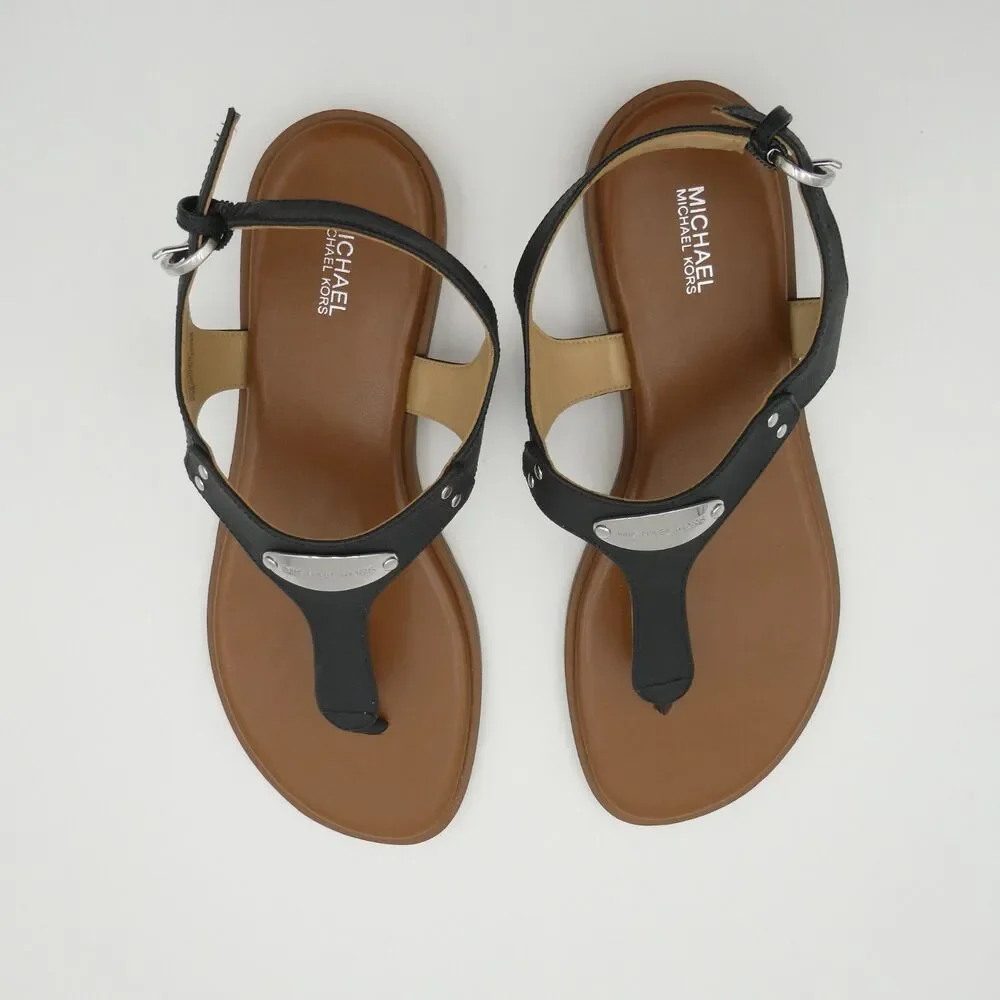 Michael Kors MK Plate Women's 9.5 Thong Black Leather Sandals Plate Logo